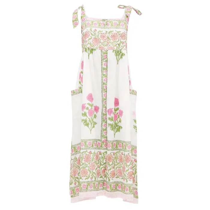 Charming Pink Green Floral Print Shoulder Tie Women MIdi Dress Inspired By Traditional Rajasthani Textiles Ladies Pocket Dress