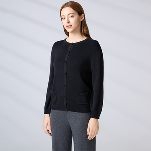 Custom Luxury Casual Office Knitwear Black Round Neck Button-Down Sweater with Pockets Women's 100% Cotton Knit <b>Cardigan</b> - Product Image 5