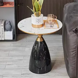 Modern light luxury round living room black marble look glass top metal base corner tables side table