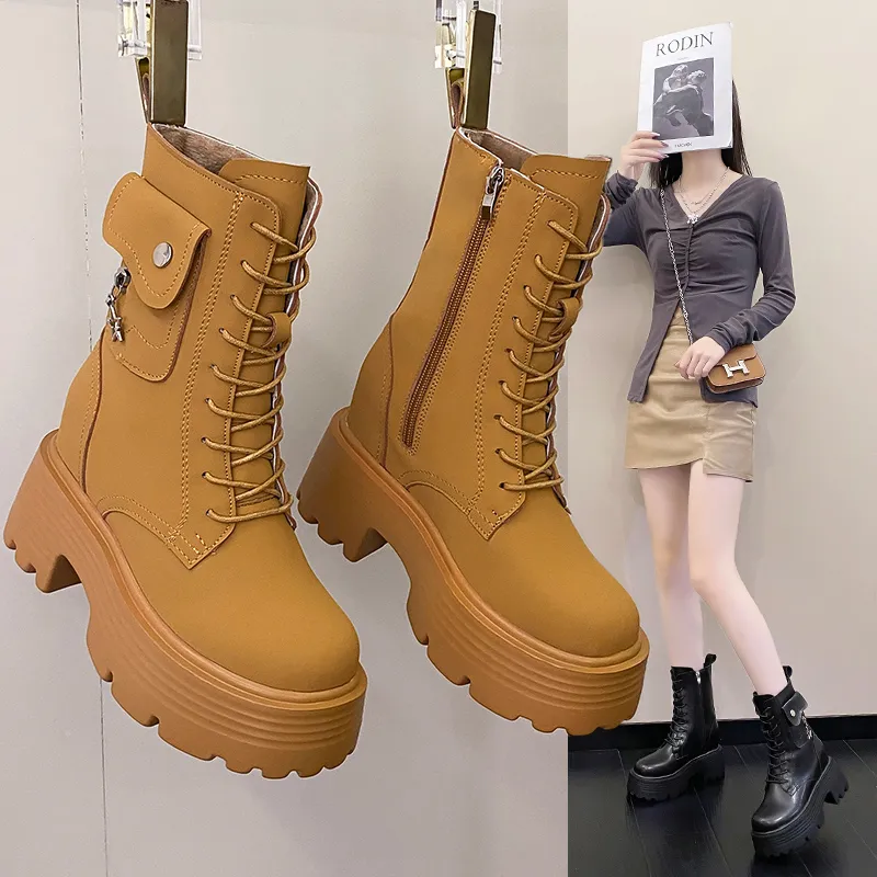 Bottines d'hiver en peluche pour femmes, chaussures chaudes à talons cachés de 9CM, bottes à plateforme en cuir, chaussures de moto pour femmes