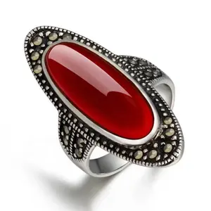 Bague en argent thaïlandais rétro en argent sterling 925 personnalisée avec pierres précieuses, agate rouge, anneaux en marcassite oxydés pour femmes - Product Image 1