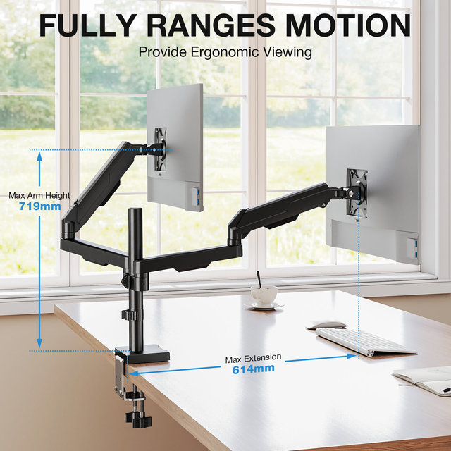 Dual Monitor Desk Mount Stand with Adjustable VESA Arms, Clamp & Grommet Base, 17-34 Inch Screens, Full Motion Swivel & Tilt