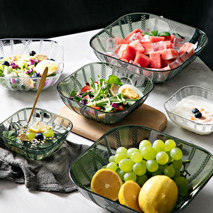 Green Glass Serving Bowls Set Square Design With Leaf Pattern For Fruit Snack Dessert Party Use - Product Image 3