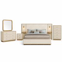 Ensemble de chambre d'hôtel de luxe contemporain, rembourré et doux, avec lit king-size, commode, miroir, table de chevet et rangement personnalisé, 4 pièces