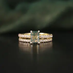 アビディング中国ジュエリー卸売エメラルドカットモス瑪瑙女性イエローゴールド925スターリングシルバーウエスタン結婚指輪セット
