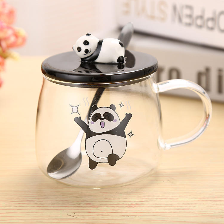 2025 New Design Glass Water Bottles Panda Water Cups Glass Milk Bottles with Lids Juice Glass Mugs with Spoons