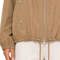 Veste coupe-vent kaki pour femme avec logo personnalisé, col montant à cordon de serrage, fermeture éclair intégrale, manches raglan, poignets élastiques, manteau court d'extérieur