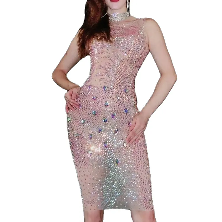 Shining Crystal Perspective Party Evening Dress Women Sexy Bodycon Prom Short Dress Birthday Celebration Stage Rhinestone Dress|