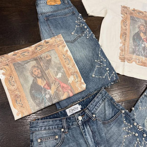 Shorts <span class=keywords><strong>en</strong></span> denim personnalisés pour hommes, style vintage, avec strass sur toute la surface, streetwear de luxe, coupe au niveau du bas, effet délavé au soleil, boucle de ceinture personnalisée - Product Image 6
