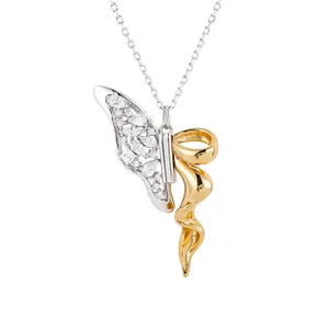 HAIKE Original 925 Sterling Silver Gold Plated 2 Tone Zircon Fashion Butterfly Splice Adjustable Necklace