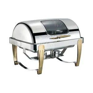 Commercial Hotel Supplies Golden Luxury Catering Equipment Alcohol Fuel Roll Top Oblong Chafer For Kitchen Restaurant