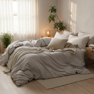 Ensemble de literie personnalisable en coton lavé 100% durable 400TC, tissu naturel tissé, drap plat, housse de couette, style moderne - Product Image 2