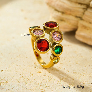 Anillos Abiertos de Circonita Redonda Colorida con Personalidad, Anillo de Compromiso y <span class=keywords><strong>Boda</strong></span> de Acero Inoxidable Chapado en Oro para Mujer - Product Image 6