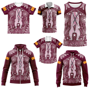 Queensland Inspired Aboriginal Print Rugby Sportswear, Quick Dry Sublimation <b>Maroon</b> Jersey Hoodie Polo Singlet Set - Product Image 1