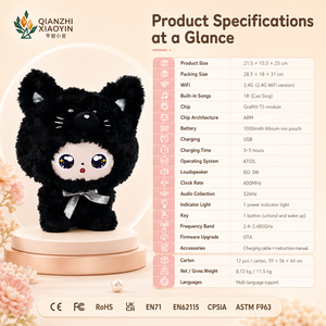 Grande Peluche Chat Noir IA 36cm avec Visage <span class=keywords><strong>de</strong></span> Poupée ABS, Nœud Blanc, Fonction <span class=keywords><strong>de</strong></span> Clonage Vocal, Mémoire Longue Durée, Plus <span class=keywords><strong>de</strong></span> 50 Langues, WiFi 2.4G, Puce TUYA T5 - Product Image 5