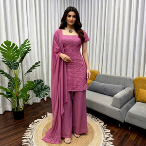 Ensemble Churidar brodé pour femme, col carré, Kurta, Palazzo, Dupatta, tenue de fête Salwar Kameez - Product Image 1
