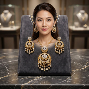 ชุดจี้ทองเหลืองชุบทองประดับเพชรคิวบิกเซอร์โคเนีย AD พร้อมสร้อยคอหลายชั้นขนาด 24 นิ้ว และต่างหู - Product Image 3