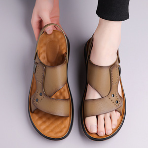 Sandales de plage en cuir souple pour hommes, à bride en T, semelle épaisse, antidérapantes, respirantes, à enfiler, kaki et noir, pour l'été et l'extérieur - Product Image 3