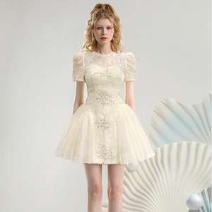 مأدبة مسائية قبالة الكتف قصيرة وصيفة الشرف شبكة فستان صغير أنيق فستان الأميرة الدانتيل قطع القوس فستان على شكل خط - Product Image 1