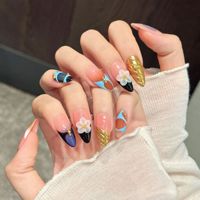 Vente en gros de 10 pièces de faux ongles en acrylique faits à la main, design 3D en forme de fleur, ongles longs ovales réutilisables, ongles artificiels personnalisés