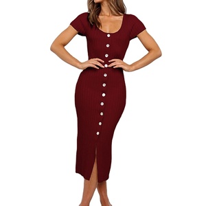 Phụ Nữ Mùa Hè Dệt Kim Bodycon Nút Phía Trước Tay Áo Ngắn Skinny Midi O-cổ Gân - Product Image 2