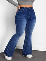 Jean en denim uni pour femme, taille plus, coupe évasée longue, élégant, décontracté, avec poches, pour le quotidien