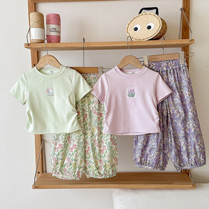 Girls Summer Clothing Set Korean Style <b>Short</b> Sleeve Printed T Shirt and <b>Harem</b> Pants Soft Cotton Beach Outfit 2 Piece Set - Product Image 3