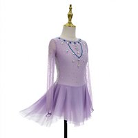 Robe de patinage artistique et de danse pour enfants et adultes, lavande, col rond, manches longues en maille, avec collier en strass au dos, pour compétition et spectacle de patinage sur glace