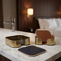 Ensemble de sous-verres en métal et cuir de luxe personnalisés avec support doré, sous-verres carrés en cuir PU pour table basse, bar, décoration de bureau