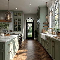 Mobili da Cucina in Stile Country Francese con Laccatura Lucida, Isola in Marmo, Mensole Aperte, Illuminazione LED e Chiusura Ammortizzata