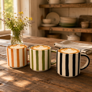 Mug en céramique peint à la main, noir avec rayures crème, finition brillante, 11 oz, <span class=keywords><strong>tasse</strong></span> à café, logo personnalisé, directement de l'usine - Product Image 1