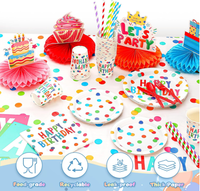 Fournitures pour fête d'anniversaire : Assiettes, gobelets, serviettes, nappes, décorations de gâteau, bannière suspendue, spirales, centres de table en nid d'abeille, vaisselle