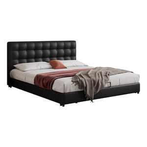 Lit en cuir style crème, fabrication directe usine, cadre en bois massif, rangement multifonctionnel, bords affleurants, tête de lit fine, finition noire, motif gaufré - Product Image 5