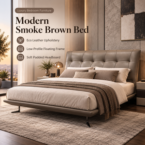 Letto imbottito in ecopelle marrone fumo con testiera capitonné a ali e telaio a profilo basso per hotel, appartamenti e camere da letto - Product Image 6