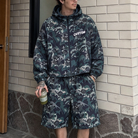Ensemble de survêtement d'été pour homme en nylon, coupe oversize, style streetwear, comprenant une veste coupe-vent à capuche zippée et un short, motif camouflage personnalisé pour l'extérieur