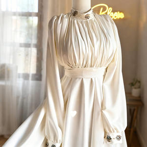 Maniche a lanterna pieghettate in raso personalizzato ampia cintura scollo alto fiori con perline da donna <span class=keywords><strong>bianco</strong></span> modesto abiti Abaya - Product Image 2