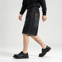 Shorts en jean camouflage pour homme, bleu foncé, taille élastique, passants de ceinture, poches obliques, poche arrière, coupe ample, longueur mi-cuisse