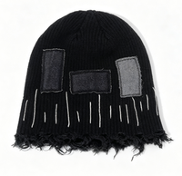 Bonnet tricoté vintage déchiré à franges avec patch en jean, style Y2K, casquette unisexe pour l'hiver
