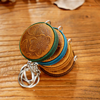 Porte-clés vintage fait main en cuir pleine fleur Crazy Horse, mini mètre ruban rétractable portable en cuir de vachette, pendentif règle de mesure