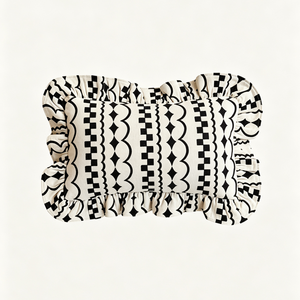 French Country Geometric Striped Print Frilled Border Lumbar <strong>Cushion</strong> <strong>Cover</strong> 100% Cotton <strong>Rectangular</strong> Decorative Throw Pillow <strong>Cover</strong> - Product Image 1