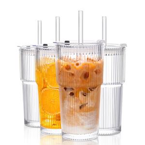 Gobelets en verre écologiques anti-fuite de 20 oz avec couvercles et pailles en verre pour café glacé, smoothies, cocktails et jus - Product Image 1
