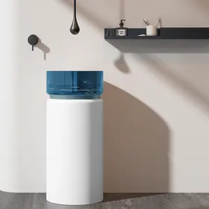 Pia de banheiro moderna em resina azul transparente, lavatório branco, pia de pedestal oval de superfície sólida com escorredor de chão