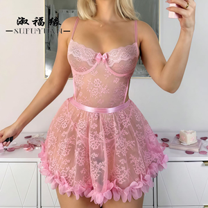 Conjunto de Body y Falda con Adorno de Pétalos de Flores 3D B1017, Color Rosa, con Tirantes, Lazo de Satén y Cinturón, Lencería Sexy para Mujer - Product Image 1