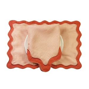 Hot Selling Color Block Organic Fabric Double Scalloped Embroidered Edge <b>Table</b> <b>Cloth</b> <b>Linen</b> Napkin Placemat for Hotel Wedding - Product Image 1