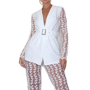 Formale Giacca Sportiva delle Donne di Autunno di Colore Solido Del Merletto Del Ricamo Manica Lunga <span class=keywords><strong>Cintura</strong></span> Giacca - Product Image 2