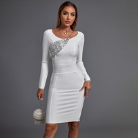 Ocstrade 2024 automne femmes robe découpée blanc à manches longues robe de soirée décolleté pailleté avec des chaînes brillantes robe mi-longue bandée
