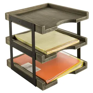 Bruine 3-Tier Houten Bureaublad Met Metalen Frame Rustieke Bureaudocument Postmap Houder Kantoor Organizer