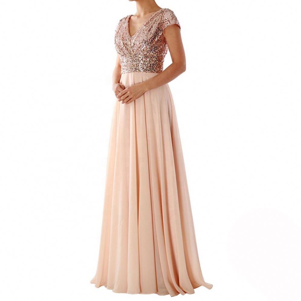 Prom Dress Long Evening Gowns Sleeves V Neck Sequin Chiffon Rose Bridesmaid  Dresses Champagne| Alibaba.com