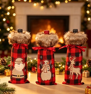 Lot de housses de bouteille de vin en toile de jute à carreaux, décorations de Noël, Père Noël, bonhomme de neige, ornements de table de fête de Noël - Product Image 2