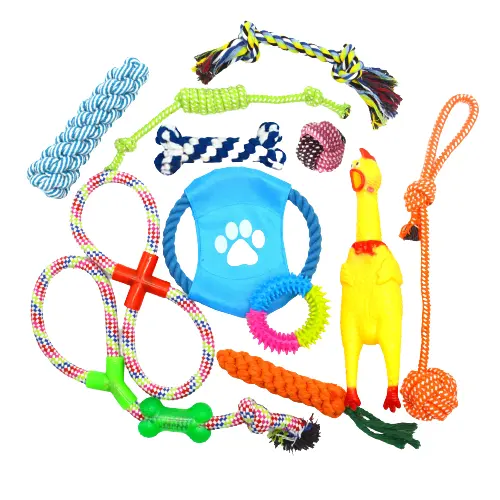 Personalizzato 12 pack pet dog chew dentizione giocattolo corda di cotone giocattoli per cani cane cigolante Set di giocattoli di pollo